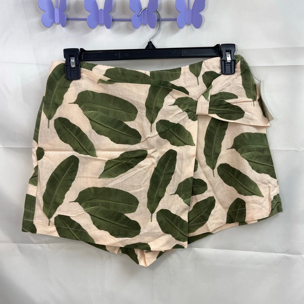 NEW Blue Rain women's linen blend leaf print zip skort skirt shorts casual large
